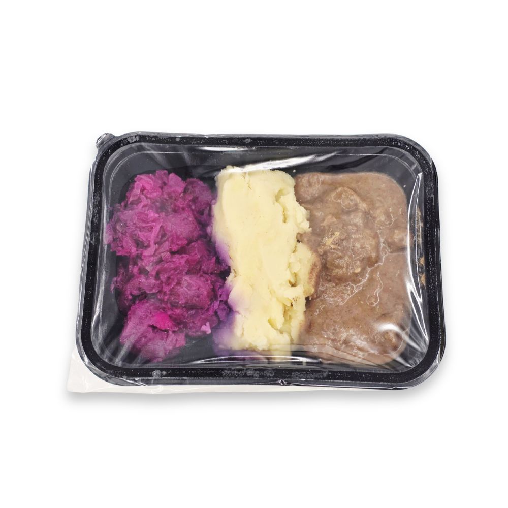 Rodekool-aardappelpuree met hachee